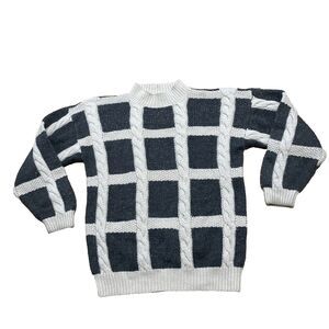 Vtg Jones New York Sport Wool Sweater Men M Cream Gray CableKnit Grid Chunky 42"